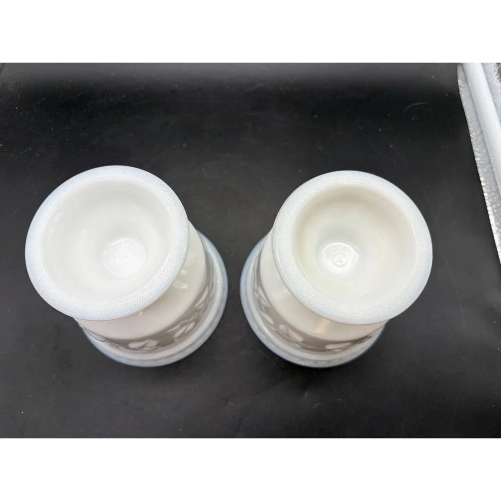 Vntg White Milk Glass Pedestal Planters Leaf Vine Embossed Set of 2 Mid Century
